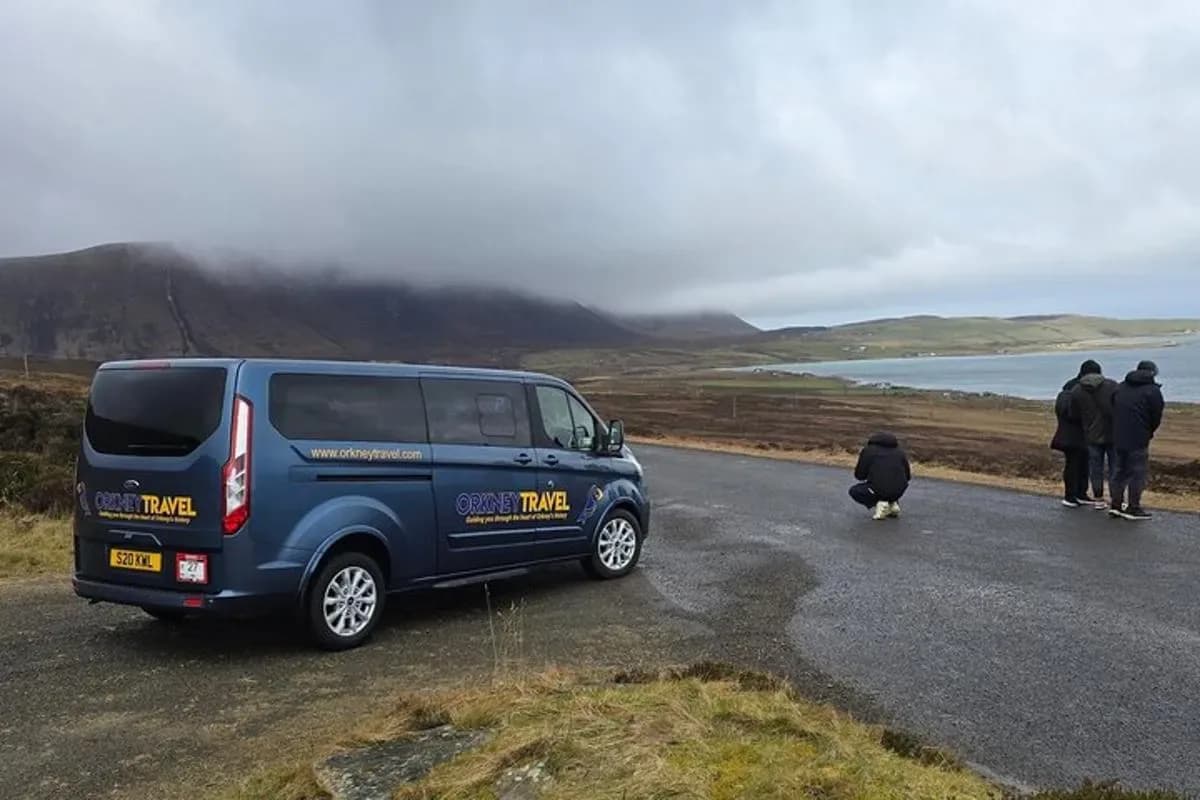 a blue van parked on the side of a road