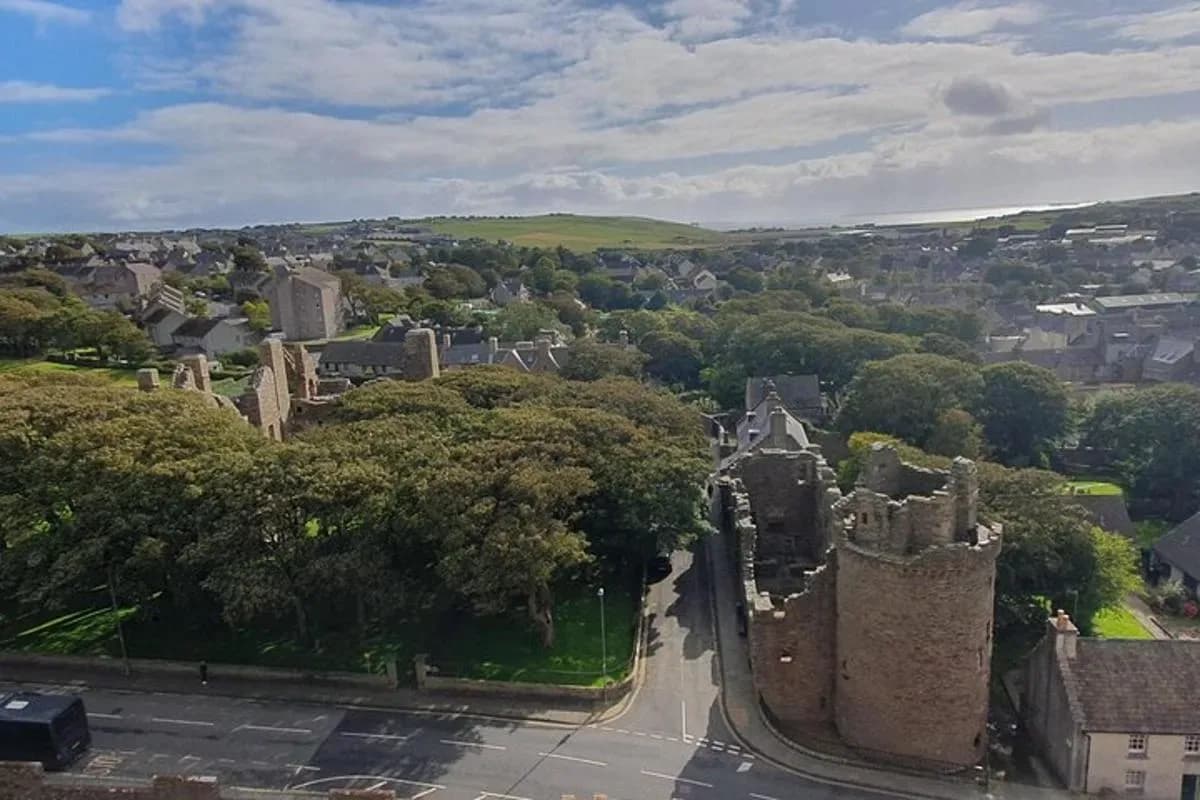 an aerial view of a town with a castle