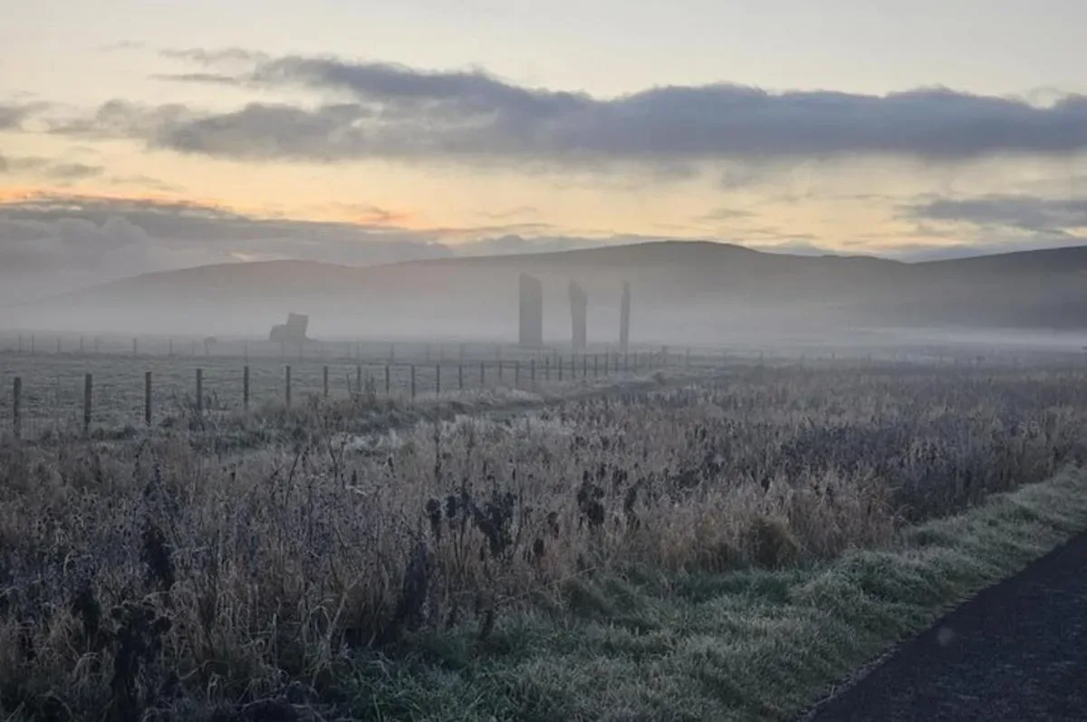 a foggy field with a fence and mountains in the background