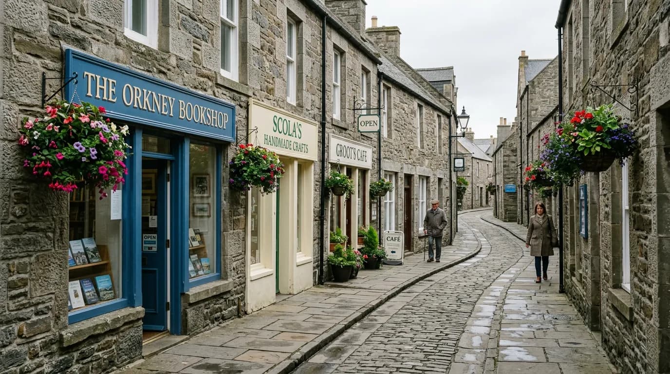 Wet flagstone street in Kirkwall old town with stone-built guest houses