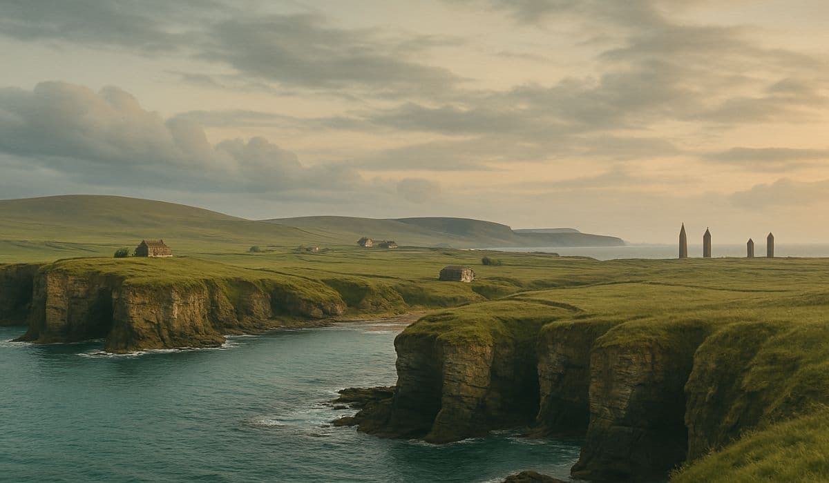 Dramatic Orkney coastline with green cliffs and standing stones