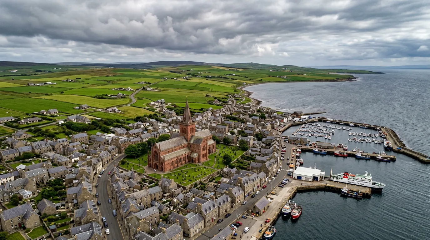 Aerial view of Orkney showing the sheltered waters of Scapa Flow surrounded by islands