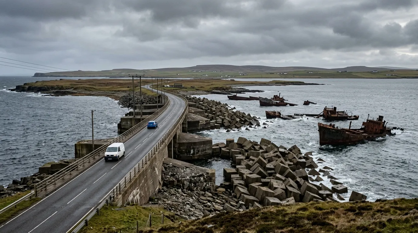 Churchill Barriers causeway connecting South Ronaldsay, built after the sinking of HMS Royal Oak in Scapa Flow