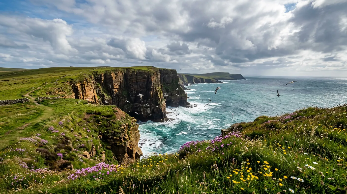 Dramatic coastal cliffs on South Ronaldsay near Scapa Flow