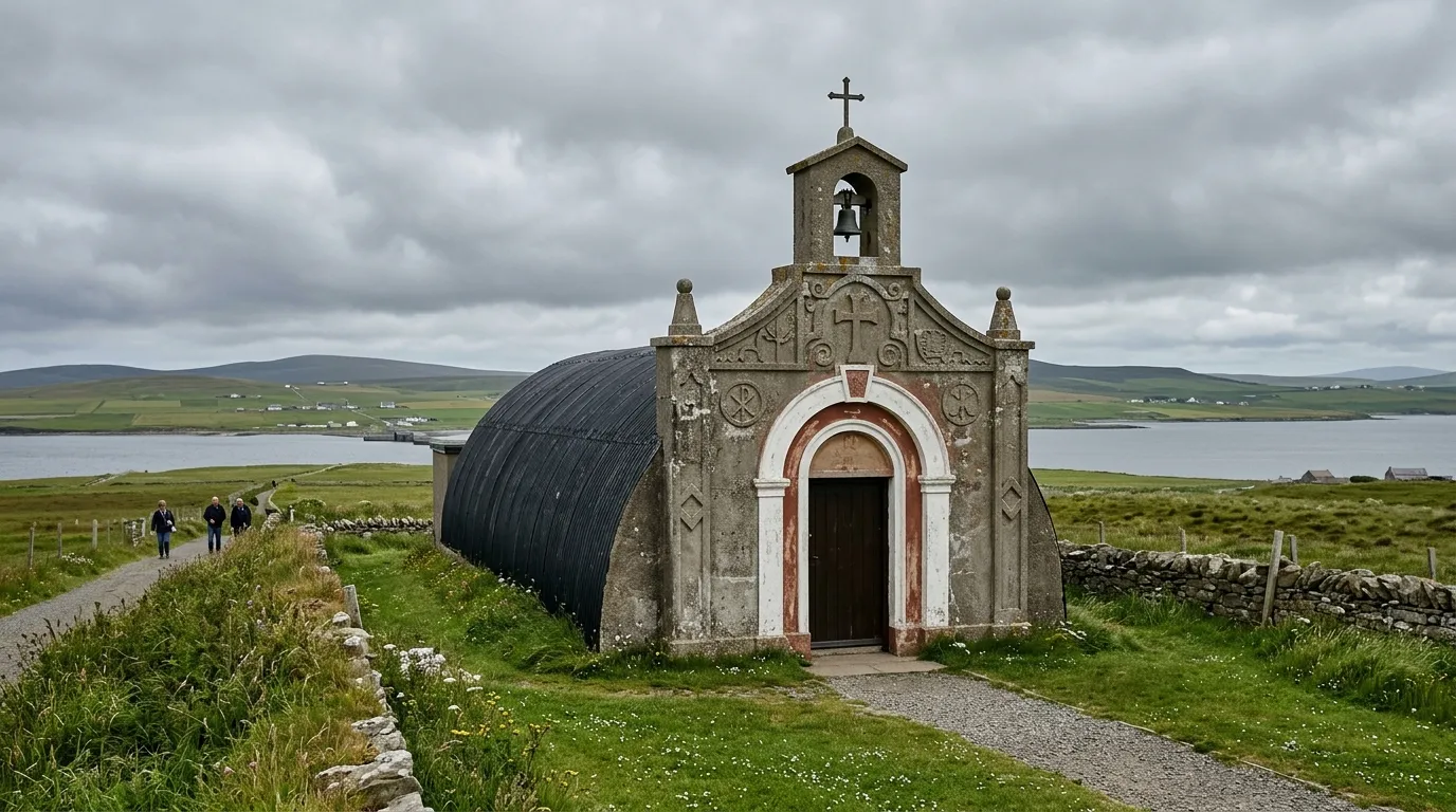 The Italian Chapel on Lamb Holm, built by WWII prisoners of war beside the Churchill Barriers